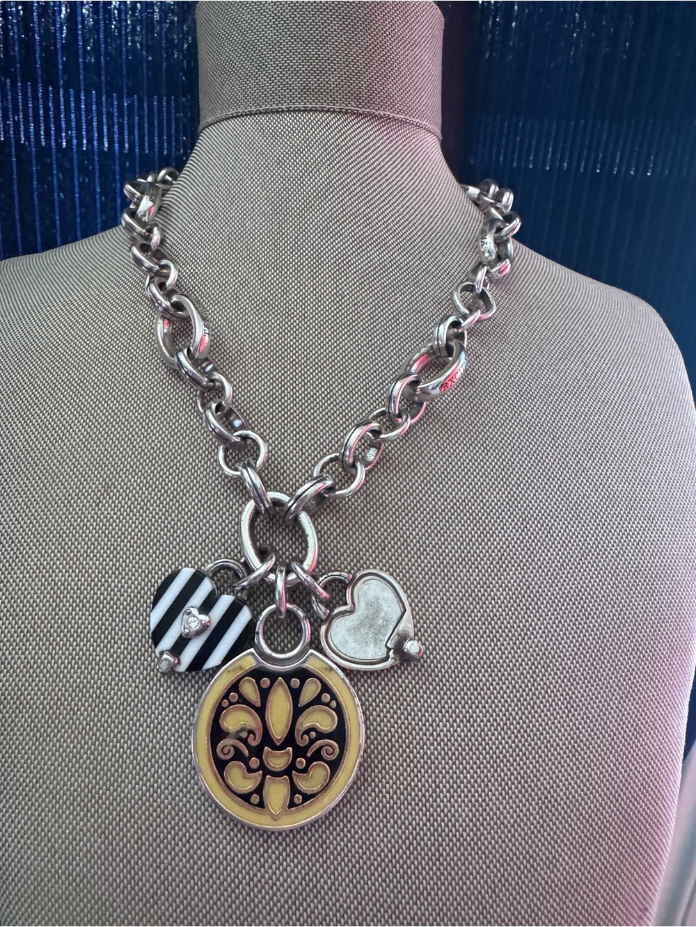 Brighton Silver Chain Necklace with Black, White & Gold Charms